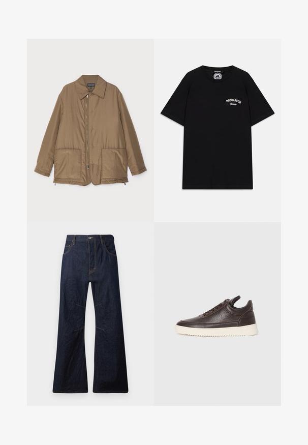 Ruskea pehmustettu takki kauluksella, edessä vetoketjukiinnitys, kaksi suurta taskua ja lievä kiilto. Yksinkertainen muotoilu rentolla istuvuudella.; Mustapaita, jossa on lyhyet hihat, ja jossa on valkoinen "DSQUARED2 MILANO" -logo rinnassa. Kaula-aukko on pyöreä, ja kangas on sileä.; Tummansininen farkkurokkohousut, joissa on keltainen ompelu, viisi taskua ja vetoketjukiinnitys. Ominaisuuksiin kuuluu vaakasauma polvien yläpuolella.; Tummanruskea teksturoitu nahkasneakeri, jossa on nauhakiinnitys ja valkoinen uritettu kumipohja, vaalealla taustalla.