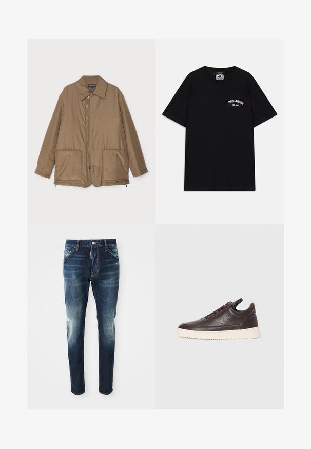 Hnedá prešívaná bunda s golierom, predným zipsom, dvoma veľkými vreckami a jemným leskom. Jednoduchý dizajn s voľným strihom.; Čierne bavlnené tričko s krátkymi rukávmi, s bielym logom "DSQUARED2 MILANO" na hrudi. Design s okrúhlym výstrihom, hladká textúra.; Tmavomodré džínsy so slim fit strihom, s bledšími miestami na stehnách a kolenách, piatimi vreckami a kovovým zapínaním.; Tmavohnedá textúrovaná kožená teniska s šnurovaním a bielou zvrškovou gumovou podrážkou na jednoduchom svetlom pozadí.