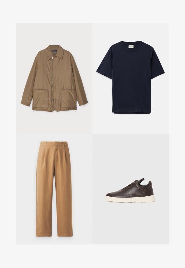 Bruine gewatteerde jas met een kraag, ritssluiting aan de voorkant, twee grote zakken en een lichte glans. Eenvoudig ontwerp met een ontspannen pasvorm.; Donkerblauwe katoenen T-shirt met korte mouwen, ronde halslijn en een ontspannen pasvorm. Etiket leest "CLOSED" bij de halslijn. Vette textuur.; Bruine, wijde broek gemaakt van een soepele stof. Heeft een hoge taille met plooien, riemlussen en een enkele voorkant zak.; Donkerbruin gestructureerd leren sneaker met vetersluiting en een witte gegroefde rubberen zool tegen een effen lichte achtergrond.