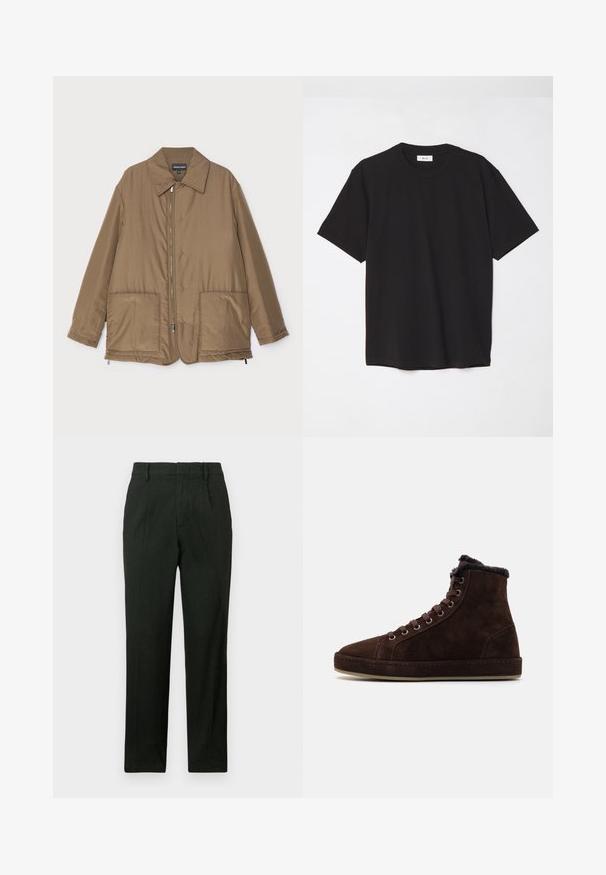 Pruunist voodriga jakk krae ja esitaskutega, ees lukuga kinnitamine ning kerge läikega. Lihtne kujundus ja lõdva istuvusega.; Must must t-särk, millel on ümmargune kaelus, lühikesed varrukad ja lõdva soe. Lihtne disain, sile tekstuur ja nähtamatud mustrid või logod.; Mustad püksid sirge lõikega, lame eesosa ja küljetaskudega. Valmistatud tekstuuriga kangast, millel on sile viimistlus.; Prunaväni nubukist kõrged tossud, millel on paelad ees, ümmargune varvas, pehme vooder krae ümber ja kummist tallad.