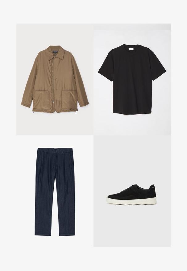 Ruskea pehmustettu takki kauluksella, edessä vetoketjukiinnitys, kaksi suurta taskua ja lievä kiilto. Yksinkertainen muotoilu rentolla istuvuudella.; Mustat puuvillapaitat, joissa on pyöreä kaula-aukko, lyhyet hihat ja rento malli. Yksinkertainen muotoilu, sileä pinta ilman näkyviä kuvioita tai logoja.; Tummansiniset, löysät housut, jotka on valmistettu teksturoidusta kankaasta ja joissa on nappikiinnitys sekä sivutaskut; suorat lahkeet pehmeällä pinnalla.; Mustat mokkakengät nauhoilla ja kontrastivalkoisella kumipohjalla. Varustettu teksturoiduilla sivupaneeleilla ja huomaamattomalla brändäyksellä kantapäässä.