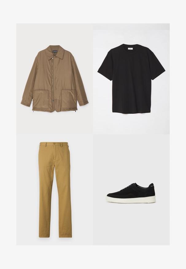 Brun polstret jakke med krave, frontlynlås, to store lommer og let glans. Simpelt design med en afslappet pasform.; Sort bomulds T-shirt med rund hals, korte ærmer og en afslappet pasform. Enkel design, glat tekstur og ingen synlige mønstre eller logoer.; Beige bomuldsbukser med lige snit, frontlommer og knaplukning. Glat tekstur og minimalistisk design, ingen synlige mønstre.; Sort ruskinds sneaker med snørebånd og kontrasterende hvid gummisål. Har teksturerede sidepaneler og diskret branding på hælen.