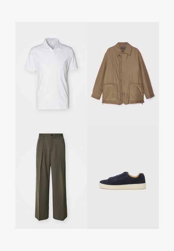 Giacca imbottita marrone con collo, chiusura frontale con zip, due grandi tasche e una leggera lucentezza. Design semplice con vestibilità rilassata.; Polo shirt bianco a maniche corte con colletto e una piccola etichetta all'interno del collo su uno sfondo semplice.; Filippa K WIDE TROUSERS - Pantaloni - driftwood; Sneaker bassa in suede blu navy con punta tondeggiante, suola in gomma bianca sporca e lacci abbinati; presenta un rivestimento interno a contrasto in tonalità tan.