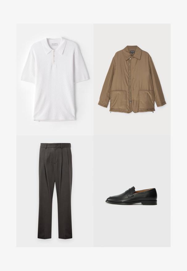 Hnedá prešívaná bunda s golierom, predným zipsom, dvoma veľkými vreckami a jemným leskom. Jednoduchý dizajn s voľným strihom.; Biela polo tričko s textúrovanou rebrovou tkaninou, golierom a tromi malými prednými gombíkmi. Krátke rukávy a rovný lem.; Tmavo sivé nohavice vyrobené z textúrovanej tkaniny, s plochým predným dielom, prešiami, rovným strihom a pútkami na opasok. Bez viditeľného kovania alebo vzorov.; Čierne kožené mokasíny s okrúhlou špičkou, jemným prešitím a nízkym podpätkom, s hladkou textúrou a minimalistickým dizajnom.