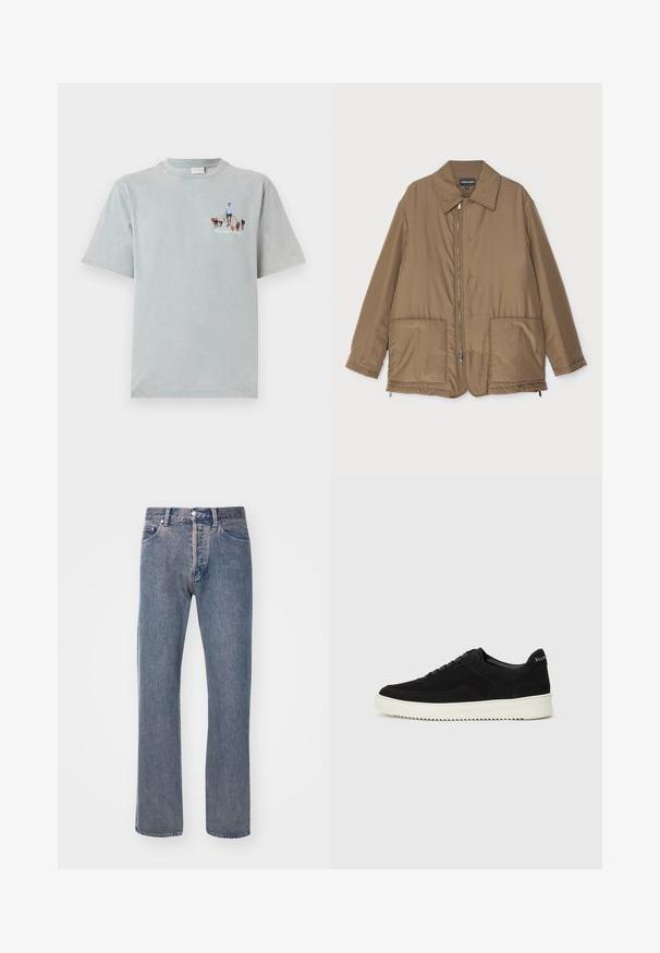 Brown padded jacket with a collared neck, front zip closure, two large pockets, and slight sheen. Simple design with a relaxed fit.; Light blue cotton t-shirt with short sleeves and a crew neck, featuring a graphic design of a person walking dogs on the front.; Light blue straight-leg jeans made of denim fabric, featuring a five-pocket design, a zip fly, and contrasting stitching details.; Black suede sneaker with lace-up design and contrasting white rubber sole. Features textured side panels and subtle branding on the heel.