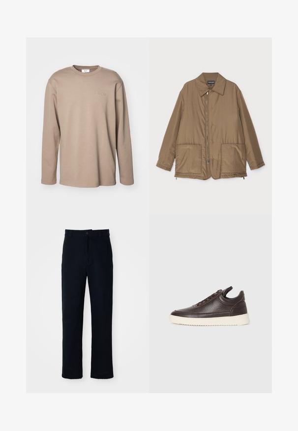 Ruskea pehmustettu takki kauluksella, edessä vetoketjukiinnitys, kaksi suurta taskua ja lievä kiilto. Yksinkertainen muotoilu rentolla istuvuudella.; Pitkähihainen vaaleanbeige puuvillapaita, jossa on pyöreä kaula-aukko. Rinnassa brodeerattu teksti "NN. 07", pehmeä pinta ja rento malli.; Tummansinisiä puuvillapantaloonia, joissa on suora lahjemuotoilu, etupainikekiinnitys ja klassinen vyötärö vyölenkeillä.; Tummanruskea teksturoitu nahkasneakeri, jossa on nauhakiinnitys ja valkoinen uritettu kumipohja, vaalealla taustalla.