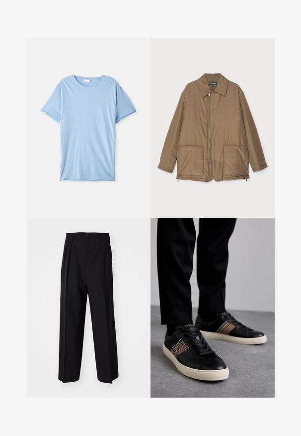 Barna steppelt dzseki, galléros nyakkal, elülső cipzárral, két nagy zsebbel és enyhe fényességgel. Egyszerű dizájn, laza szabással.; Világoskék, rövid ujjú, kerek nyakú póló, simán fekve egy fehér háttéren.; Fekete, pliszírozott nadrág, egyenes, széles lábakkal. Sima anyagból készült, gombos záródással és övhurkokkal rendelkezik.; Fekete bőr sportcipők színes csíkozással, kerek orral és fehér gumitalppal, fűzős kialakítással és dombornyomott logóval.