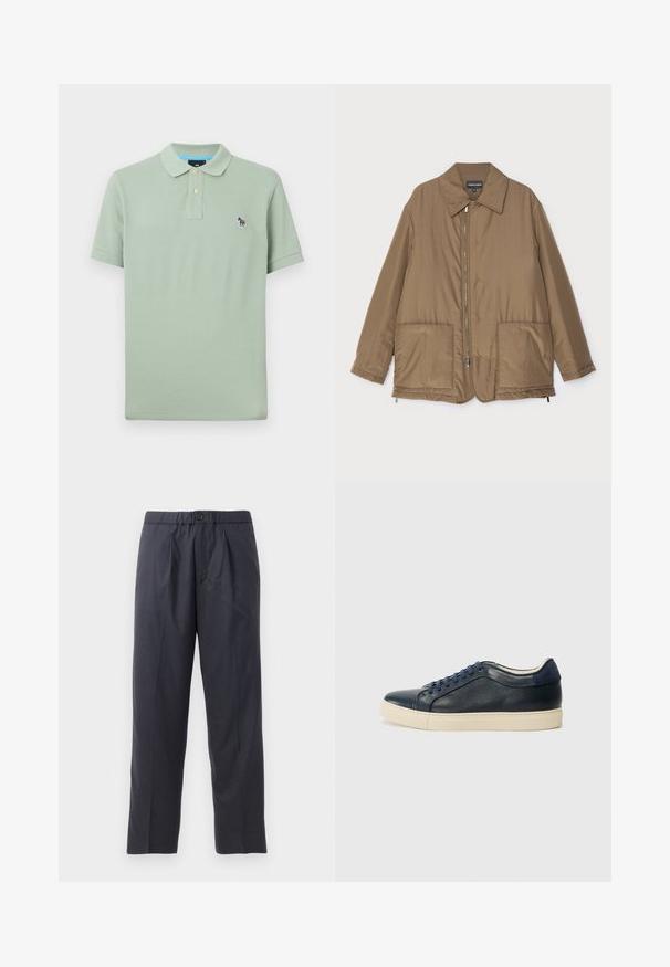 Brūns polsterēts mētelis ar apkakli, priekšpuses rāvējslēdzēja aizdare, divas lielas kabatas un nedaudz spīdīga virsma. Vienkāršs dizains ar brīvu piegriezumu.; Gai zaļš polo krekls no kokvilnas, ar klasisku apkakli, trīs pogu aizdari un mazu izšūtu zebras logotipu uz krūts.; Tumši tumši zili bikses, kas izgatavotas no mīksta auduma ar krokām priekšpusē un elastīgu jostasvietu. Iespējama pogas aizdare un taisna kāju griezums.; Tumši zilā ādas sporta apavi ar krēmkrāsas gumijas zoli, ar ziliem šņorēm un gludu tekstūru. Apaļa pirksta forma un minimālisma dizains.