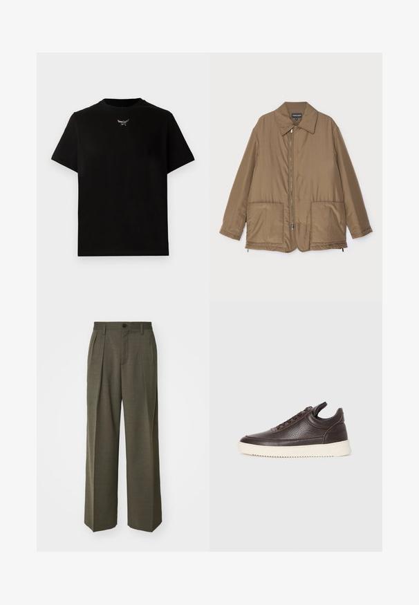 Brown padded jacket with a collared neck, front zip closure, two large pockets, and slight sheen. Simple design with a relaxed fit.; Black cotton T-shirt with short sleeves, crew neckline, and a silver logo detail at the chest. Smooth texture and relaxed fit.; Filippa K WIDE TROUSERS - Trousers - driftwood; Dark brown textured leather sneaker with lace-up front and white ridged rubber sole on a plain light background.