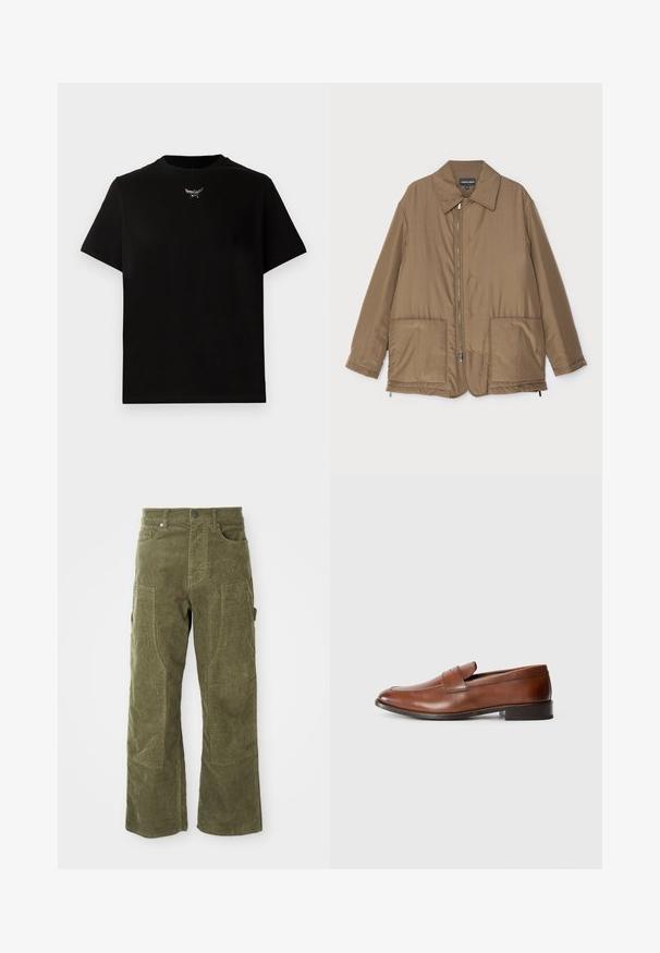 Barna steppelt dzseki, galléros nyakkal, elülső cipzárral, két nagy zsebbel és enyhe fényességgel. Egyszerű dizájn, laza szabással.; Fekete pamut póló rövid ujjakkal, kerek nyakkivágással és ezüst logóval a mellrészen. Simaság jellemzi és laza fazonban készült.; Olíva zöld kordbársony nadrág, elülső és oldalsó zsebekkel, megerősített térdpanelekkel, gombbal és cipzárral záródik.; Barna bőr loaferek lekerekített orral, minimális varrással és alacsony blokk sarkú kialakítással. Díszítő pánt található a felsőrészen.