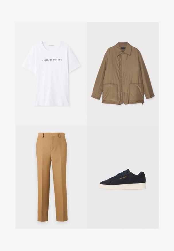 Chaqueta acolchada marrón con cuello camisero, cierre delantero con cremallera, dos grandes bolsillos y un ligero brillo. Diseño sencillo con un corte relajado.; Camiseta blanca con cuello redondo y mangas cortas. Texto negro que dice "TIGER OF SWEDEN" centrado en la parte delantera. Textura de tela suave.; Pantalones de vestir beige hechos de tejido woven, con corte recto, frente plano y trabillas. Textura suave sin patrones visibles.; Zapatilla baja de ante azul marino con suela blanca, cordones azul marino y logo de "Filling Pieces" en dorado en el lateral.