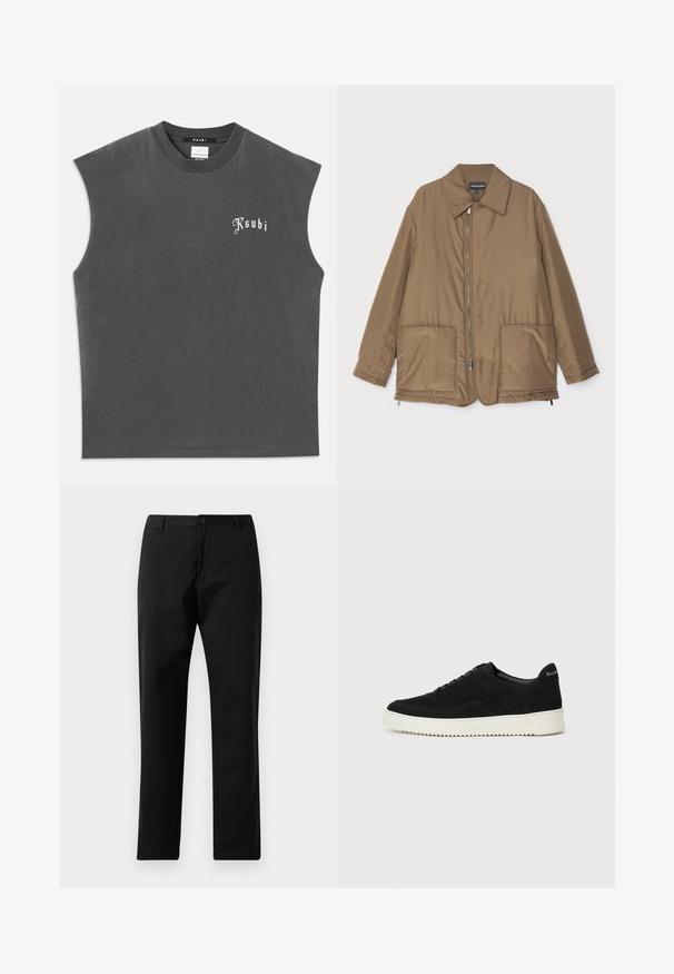 Brown padded jacket with a collared neck, front zip closure, two large pockets, and slight sheen. Simple design with a relaxed fit.; Gray sleeveless t-shirt with a crew neck, featuring a white "Ksubi" logo at the front. Made of soft cotton with a relaxed fit.; Black straight-leg trousers with button and zip closure, belt loops, and front pockets, displayed on white background.; Black suede sneaker with lace-up design and contrasting white rubber sole. Features textured side panels and subtle branding on the heel.