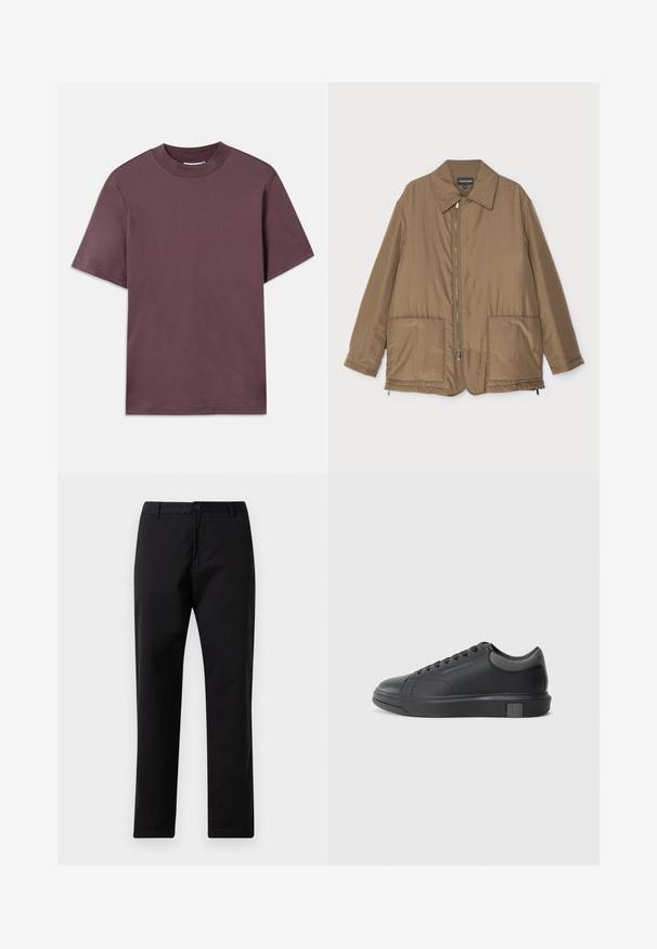 Barna steppelt dzseki, galléros nyakkal, elülső cipzárral, két nagy zsebbel és enyhe fényességgel. Egyszerű dizájn, laza szabással.; Rövid ujjú, kerek nyakú póló sötét mályva színben, puha pamutból készült. Elől minimális márkázás található, azonos színben.; Fekete egyenes szabású nadrág gombos és cipzáras záródással, övhurkokkal és elülső zsebekkel, fehér háttérre kihelyezve.; Fekete bőrlábbeli sima felülettel, kerek orral és sötétszürke kiegészítőkkel. Fűzős kialakítású és texturált gumitalppal rendelkezik.