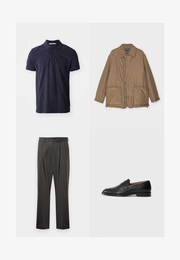 Barna steppelt dzseki, galléros nyakkal, elülső cipzárral, két nagy zsebbel és enyhe fényességgel. Egyszerű dizájn, laza szabással.; Tengerészkék pólóing, pamutból készült, klasszikus gallérral, három gombos stílussal, és diszkrét, dombornyomott márkalogóval a mellkason.; Sötét szürke nadrág, textúrált anyagból készült, sima elejű, redőzött, egyenes lábakkal és övhurkokkal. Nincs látható fémalkatrész vagy minta.; Fekete bőr mokaszin, kerek orral, diszkrét varrásokkal és alacsony sarokkal, sima felülettel és minimalista dizájnnal.
