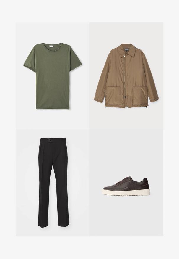 Hnedá prešívaná bunda s golierom, predným zipsom, dvoma veľkými vreckami a jemným leskom. Jednoduchý dizajn s voľným strihom.; Jednoduché olivovo zelené tričko s krátkym rukávom a okrúhlym výstrihom rozložené na bielom pozadí.; Čierne elegantné nohavice s rovnými nohavicami, dvoma prednými vreckami a dvojitým zapínaním na páse. Hladká textúra materiálu.; Tmavohnedré kožené tenisky s textúrovaným povrchom, okrúhlou špičkou a kontrastnou smotanovou gumovou podrážkou. Majú šnúrky a jemné detaily v prevedení šitia.