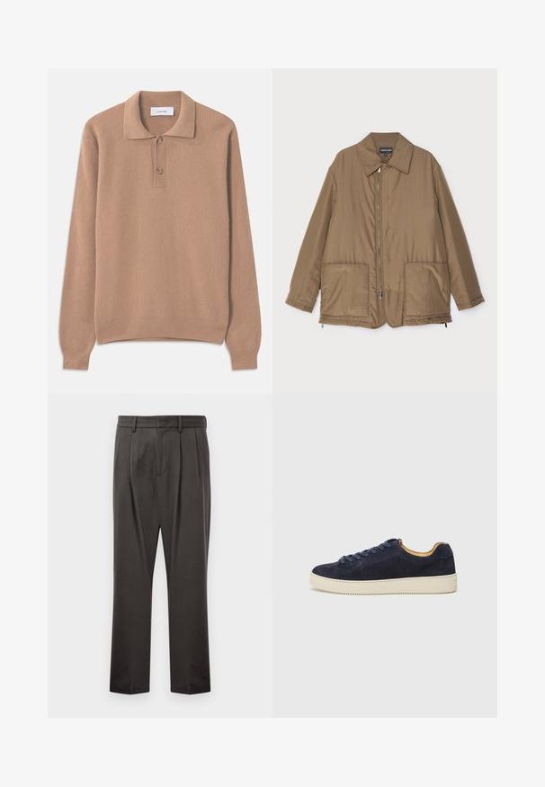 Hnědá zateplená bunda s límečkem, předním zipem, dvěma velkými kapsami a mírným leskem. Jednoduchý design s uvolněným střihem.; Béžový pletený svetr s rib struktury, dlouhými rukávy, polo límcem a dvěma knoflíky na léze. Měkká textura a rovný lem.; Tmavě šedé kalhoty z texturované látky, s plochým předním dílem, sklady, rovnými nohavicemi a poutky na pásek. Bez viditelného kovového spojení nebo vzorů.; Námořnické semišové nízké tenisky s kulatou špičkou, krémovou gumovou podrážkou a odpovídajícími tkaničkami; obsahují kontrastní hnědou podšívku.