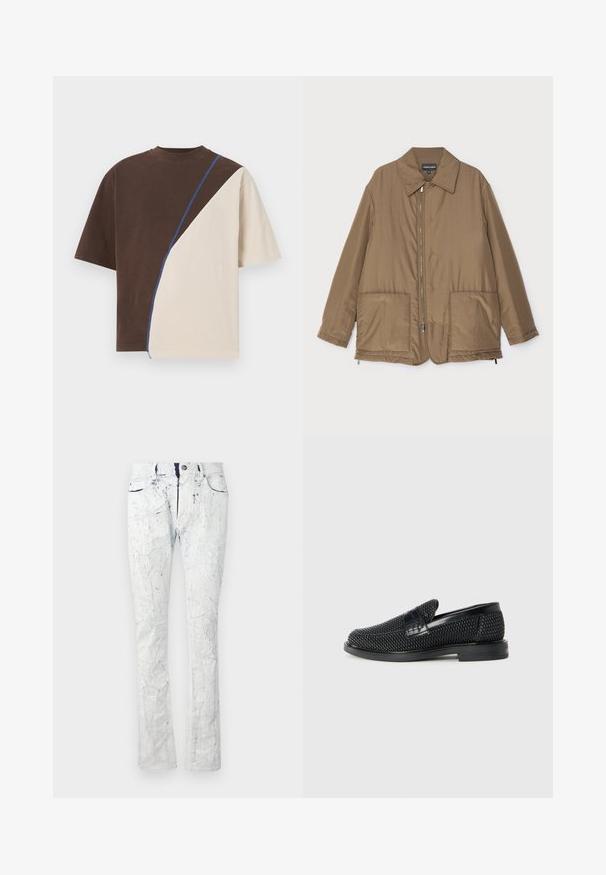 Rudas paminkštintas švarkas su apykakle, priekyje užtrauktuku, dviem didelėmis kišenėmis ir šiek tiek blizgesio. Paprastas dizainas su laisvu siluetu.; Rudas ir smėlio spalvų blokų marškinėliai su apvaliu kaklu ir trumpomis rankovėmis. Yra mėlynas akcentinis siūlas palei siūlę.; Šviesiai mėlyni džinsai su įtrūkusiu paviršium, penkių kišenių dizainas, mygtuko užsegimas ir šiek tiek plačios apačios. Išsidėstę nusidėvėjimo akcentai.; Juodas pintas slip-on tipo batelis su lygiu odiniu akcentu viršuje, apvalios nosies dizainas ir žemas guminis padas.