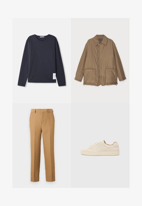 Ruskea pehmustettu takki kauluksella, edessä vetoketjukiinnitys, kaksi suurta taskua ja lievä kiilto. Yksinkertainen muotoilu rentolla istuvuudella.; Pitkähiha, pyöreäkauluksinen t-paita tummansinisestä puuvillasta, jossa on pehmeä pinta, ja vasemmalla puolella pieni valkoinen etiketti.; Beige dressipüksid, mis on valmistatud kudumiskangast, omavad sirget lõiget, lapikut esiosa ja vöökohapritsmeid. Sile tekstuur ilma nähtavate mustriteta.; Beige mokkasneaker med lavt design, rund tå, flade snørebånd og en tekstureret gummisål. Minimalistisk stil uden synlige logoer.