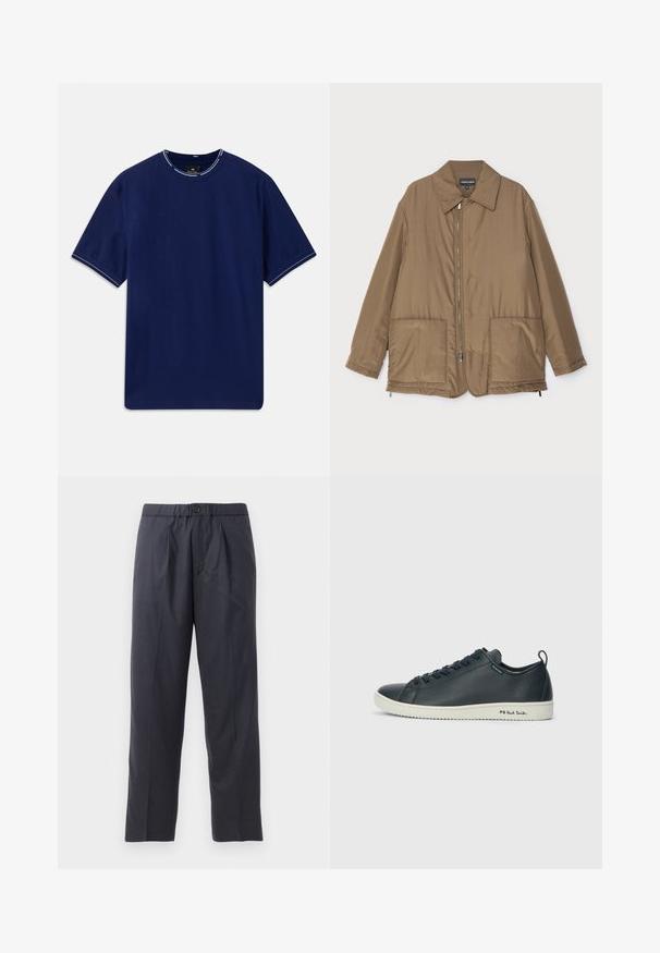 Geacă căptușită, de culoare maro, cu guler, fermoar frontal, două buzunare mari și un luciu subtil. Design simplu, cu o croială lejeră.; Tricou din bumbac de culoare bleumarin, cu mâneci scurte, guler rotund, având un accent de cusătură albă la guler și la tivurile mânecilor. Textură netedă.; Pantaloni în nuanțe închise de bleumarin, realizați dintr-un material moale, cu un design plisat în față și talie elastică. Prezintă un închizător cu nasture și o croială dreaptă.; Sneaker din piele navy închis, cu o finisare netedă, vârf rotund, șase orificii pentru șireturi și talpă din cauciuc alb contrastant. Prezintă branding pe lateral.