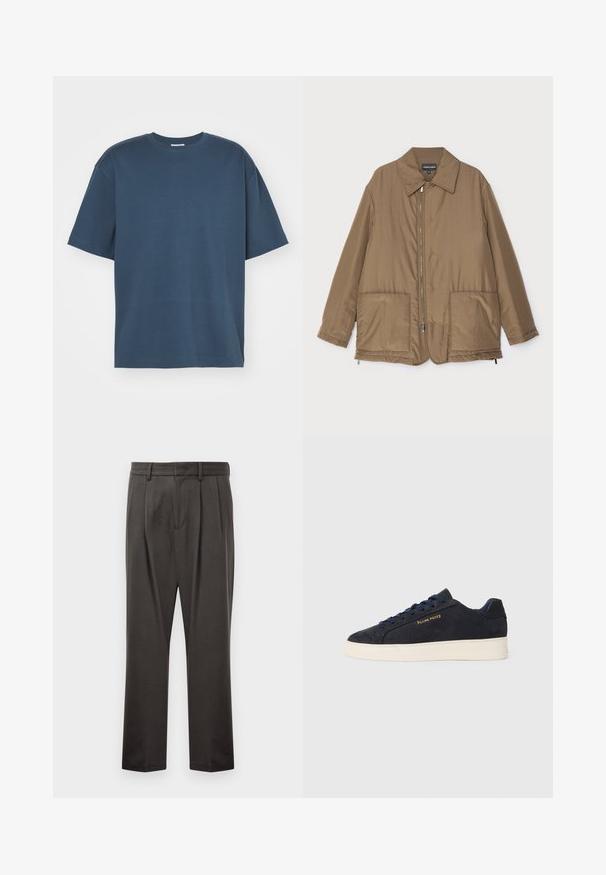 Pruunist voodriga jakk krae ja esitaskutega, ees lukuga kinnitamine ning kerge läikega. Lihtne kujundus ja lõdva istuvusega.; Filippa K HEAVY CREW NECK TEE - Lihtne T-särk - dawn blue; Tumedashallased püksid, mis on valmistatud tekstuuriga kangast, lame esiosa, voldid, sirged jalad ja vöökohastab. Pole nähtavat riistvara ega mustreid.; Tumedat sinine seemisnahast madala profiiliga tennis, valge tossutald, tumesinised paelad ning küljes kuldne "Filling Pieces" logo.