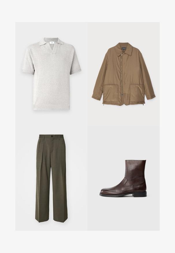Hnědá zateplená bunda s límečkem, předním zipem, dvěma velkými kapsami a mírným leskem. Jednoduchý design s uvolněným střihem.; Krátký rukáv, svetle šedý pletený polo tričko s V-výstřihem, texturovaným vzorem a tradičním límcem. Lehká tkanina poskytuje neformální vzhled.; Filippa K WIDE TROUSERS - Kalhoty - driftwood; Hnědé kožené kotníkové boty s hladkým povrchem, zaoblenou špičkou, minimálním prošíváním a plochou černou gumovou podrážkou.