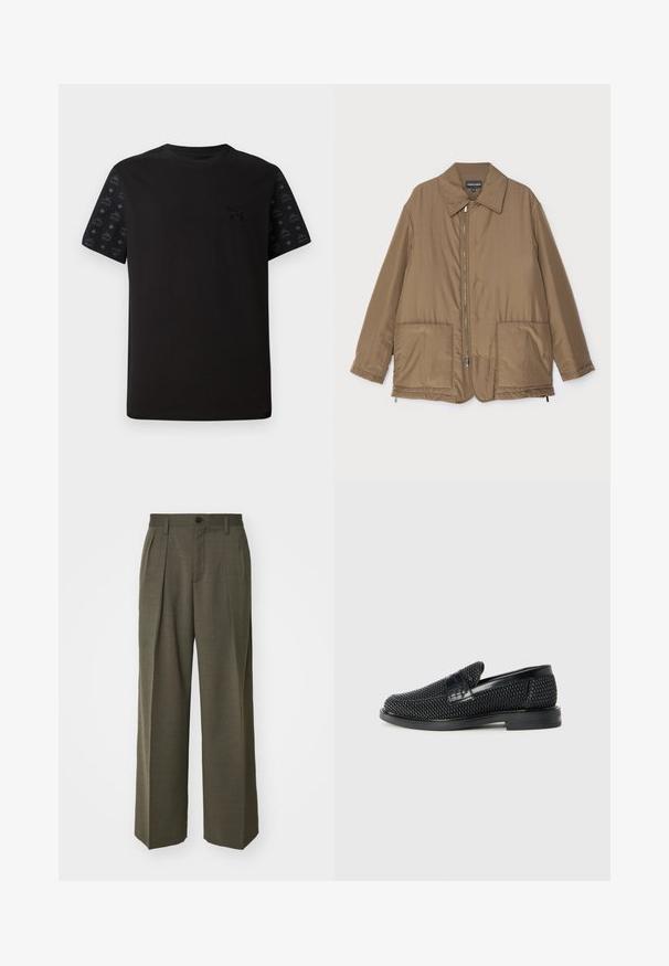 Brown padded jacket with a collared neck, front zip closure, two large pockets, and slight sheen. Simple design with a relaxed fit.; Black t-shirt with short sleeves featuring a solid front and patterned black accents on sleeves. Material appears soft and smooth.; Filippa K WIDE TROUSERS - Trousers - driftwood; Black woven slip-on shoe with a smooth leather accent on the upper, a round toe design, and a low-profile rubber sole.