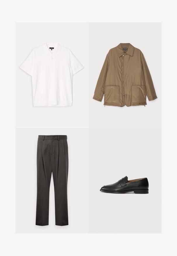Hnědá zateplená bunda s límečkem, předním zipem, dvěma velkými kapsami a mírným leskem. Jednoduchý design s uvolněným střihem.; Bílá polo tričko s krátkým rukávem, které má klasický límec, tříknoflíkovou légou a rovný lem. Měkká textura a jednoduchý design.; Tmavě šedé kalhoty z texturované látky, s plochým předním dílem, sklady, rovnými nohavicemi a poutky na pásek. Bez viditelného kovového spojení nebo vzorů.; Černé kožené mokasíny s kulatou špičkou, jemným prošíváním a nízkým podpatkem, s hladkým povrchem a minimalistickým designem.