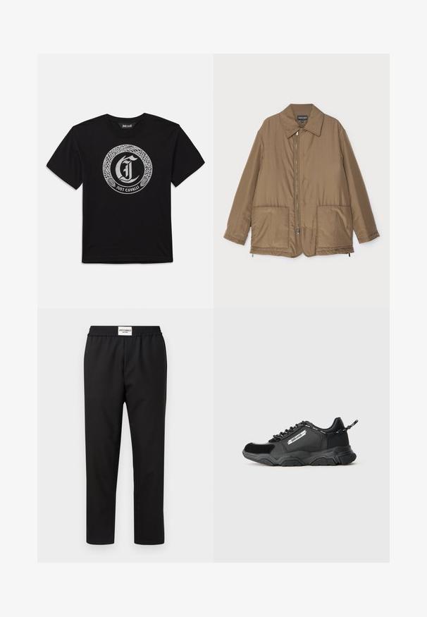 Brown padded jacket with a collared neck, front zip closure, two large pockets, and slight sheen. Simple design with a relaxed fit.; Black short-sleeve T-shirt with a circular silver snake design enclosing a Gothic letter "J" and "Just Cavalli" text below.; Black trousers with an elastic waistband. Made from a smooth, lightweight fabric. Features a straight-leg design and minimal detailing.; Black athletic sneaker with thick sole, mixed materials, branded side panel, lace-up closure, and branded pull tab on heel.