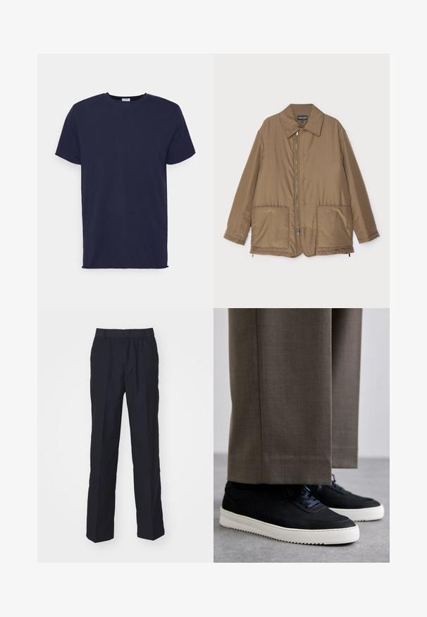 Pruunist voodriga jakk krae ja esitaskutega, ees lukuga kinnitamine ning kerge läikega. Lihtne kujundus ja lõdva istuvusega.; Tumedat sinine lühikeste varrukatega t-särk, mis on valmistatud pehmest kangast. Omab ümarat kaelust ja sirget lõiget, ilma mustrite või aktsentideta.; Tumed sinelõngast püksid, mis on valmistatud kerge kangaga, otse labaga disainiga, elastse vöökoha ja ilma nähtavate taskute või mustriteta.; Mustad suleed sneakers valge kummist tallaga, ümarate varvaste ja paeltega, kantud hallide ülikonna pükste kõrval.