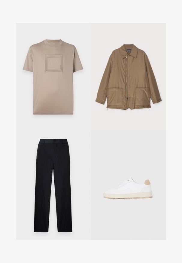 Giacca imbottita marrone con collo, chiusura frontale con zip, due grandi tasche e una leggera lucentezza. Design semplice con vestibilità rilassata.; T-shirt beige a maniche corte realizzato in tessuto liscio, con un design di logo quadrato al centro e contorni rettangolari in rilievo.; Pantaloni neri realizzati in un tessuto leggero e strutturato, con taglio dritto, vita elasticizzata e tasche laterali con zip.; Sneaker bianche basse in pelle testurizzata, con suola rigata color crema e dettagli sul tallone color marrone chiaro. Presentano lacci bianchi e un logo sul tallone.