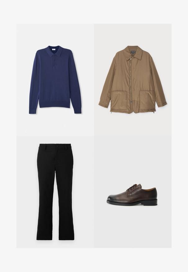 Barna steppelt dzseki, galléros nyakkal, elülső cipzárral, két nagy zsebbel és enyhe fényességgel. Egyszerű dizájn, laza szabással.; Tengerészkék, hosszú ujjú póló pulóver puha kötött anyagból. Klasszikus gallérral, három gombbal és bordás csuklókkal és aljjal rendelkezik.; Fekete, harang fazonú nadrág, pamut keverékből készült, gombos záródással, övhurkokkal és sima textúrával, látható minták nélkül.; Barna bőr cipő, lekerekített orral, alacsony sarokkal, fűzős kialakítással és sima felülettel. Jellemzi a minimális varrás és a fényes kivitel.