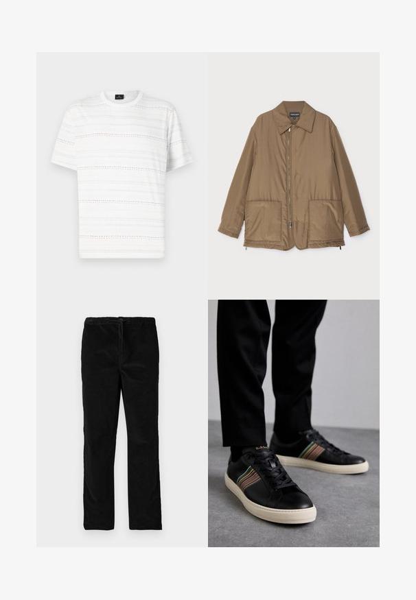 Brun vadderad jacka med krage, framzip, två stora fickor och lätt glans. Enkel design med en avslappnad passform.; Vit t-shirt med korta ärmar, med horisontella streckade linjer i ljusblått, rosa och svart. Klassisk rundad halsringning.; Svarta raka sammetbyxor med elastisk midja och framtida dragsko, uppvisade mot en enkel vit bakgrund.; Svart lädersneakers med flerfärgade randiga detaljer, rund tå och vita gummisulor, som har snörningsdesign och ultragruvade logotyp.