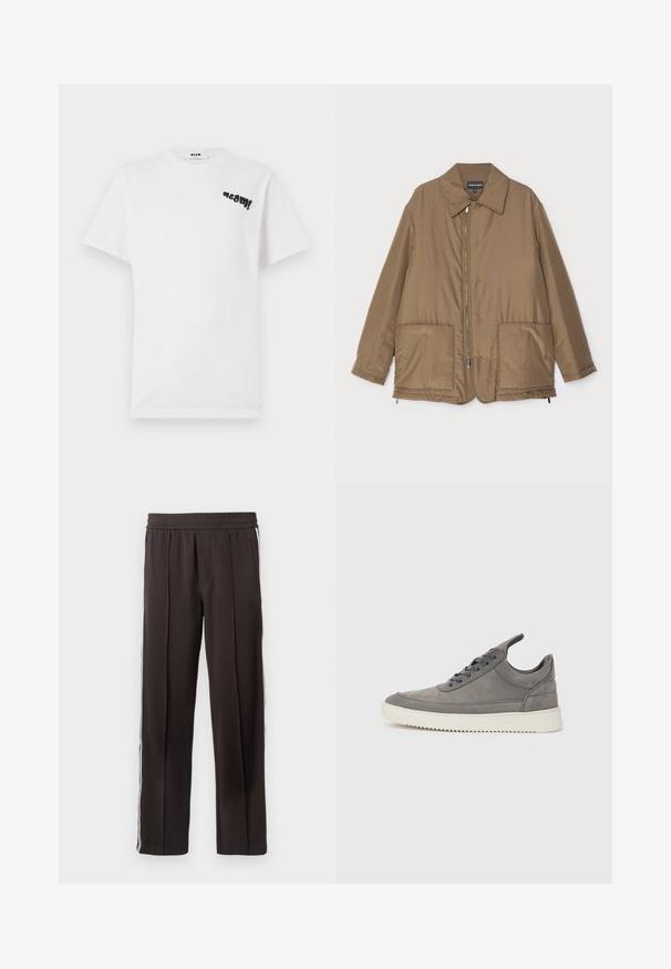 Ruskea pehmustettu takki kauluksella, edessä vetoketjukiinnitys, kaksi suurta taskua ja lievä kiilto. Yksinkertainen muotoilu rentolla istuvuudella.; Valkoinen puuvillainen t-paita lyhyillä hihoilla, jossa on musta grafiikka "msgm!" painettuna vasemmalle ylös. Pyöreä kaula-aukko, pehmeä tekstuuri.; Musta urheiluhousut, jotka on valmistettu pehmeästä kankaasta. Housuissa on joustava vyötärö, kaksi sivutaskua ja valkoiset sivuraidat. Klassinen suora lahje.; Harmaa mokkanahkakengät, joissa on teksturoitu pinta, valkoisella kumipohjalla, pyöreillä nauhoilla ja matalalla designilla.