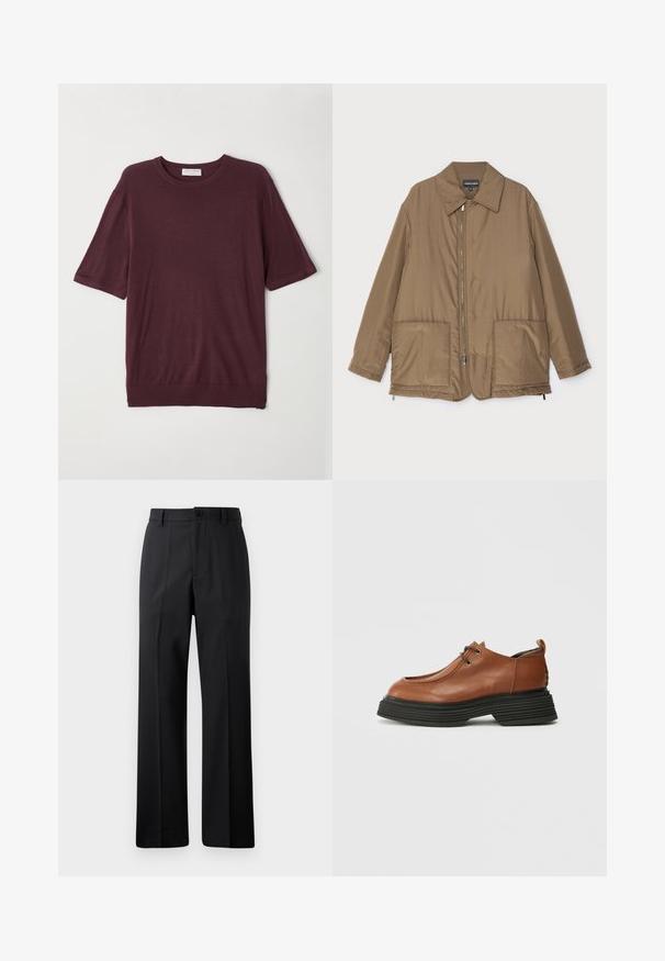 Braune gepolsterte Jacke mit Kragen, Reißverschluss vorne, zwei großen Taschen und leichter Glanz. Einfaches Design mit entspannter Passform.; Burgunderfarbenes Kurzarm-T-Shirt aus weichem Stoff; mit rundem Ausschnitt und einem lockeren Schnitt mit geradem Saum. Einfaches Design ohne Muster.; Schwarze gerade geschnittene Hose mit Gürtelschlaufen, Knopfverschluss vorne und Reißverschluss, vor einem schlichten weißen Hintergrund präsentiert.; Braunes Leder-Schuhe mit einer runden Zehenform, schnürbarem Design und einer dicken schwarzen mehrschichtigen Sohle. Auffällig durch seine strukturierte Silhouette und Textur.