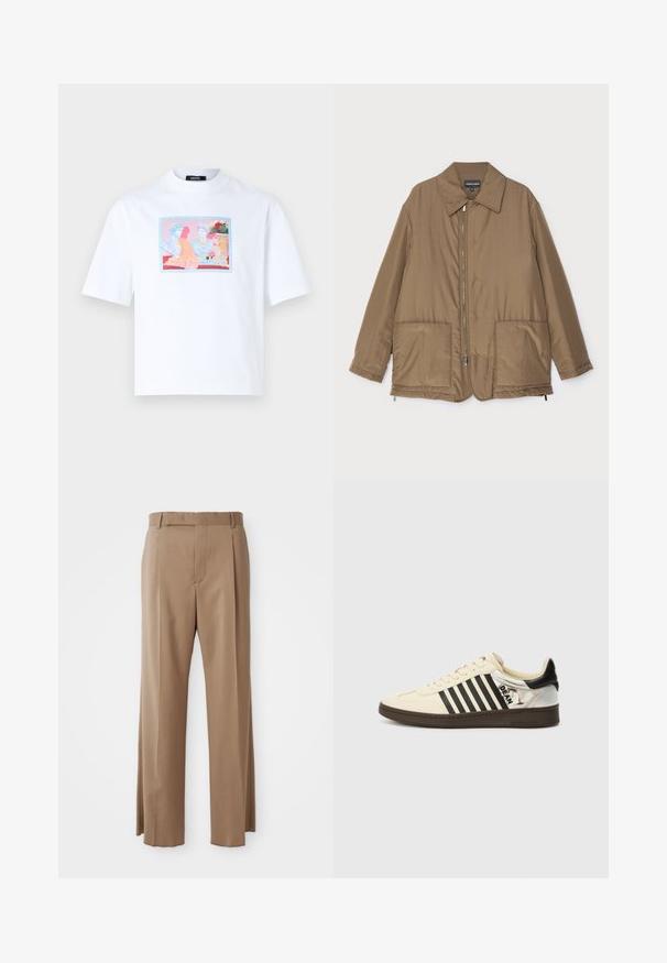Hnědá zateplená bunda s límečkem, předním zipem, dvěma velkými kapsami a mírným leskem. Jednoduchý design s uvolněným střihem.; Bílá bavlněná tričko s barevným tištěným designem klasických postav v obdélníkovém rámu na přední straně. Krátké rukávy a volný střih.; Světle hnědé kalhoty na míru se rovnými nohavicemi, poutky na pásek, předním švem a skrytým zapínáním, položené na bílé pozadí.; Krémové kožené tenisky s černými pruhy, hnědou podrážkou a kovovými stříbrnými podpatky. Mají logo na boku a klasický design s tkaničkami.