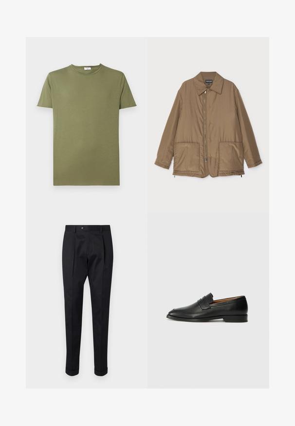 Hnědá zateplená bunda s límečkem, předním zipem, dvěma velkými kapsami a mírným leskem. Jednoduchý design s uvolněným střihem.; Olivově zelené tričko vyrobené z měkkého bavlněného materiálu, s klasickým kulatým výstřihem a krátkými rukávy. Tkanina má hladkou, rovnoměrnou texturu.; Černé kalhoty z hladkého materiálu s pukem vpředu, zapínáním na knoflík a ohrnutými manžetami u kotníků.; Černé kožené mokasíny s kulatou špičkou, jemným prošíváním a nízkým podpatkem, s hladkým povrchem a minimalistickým designem.