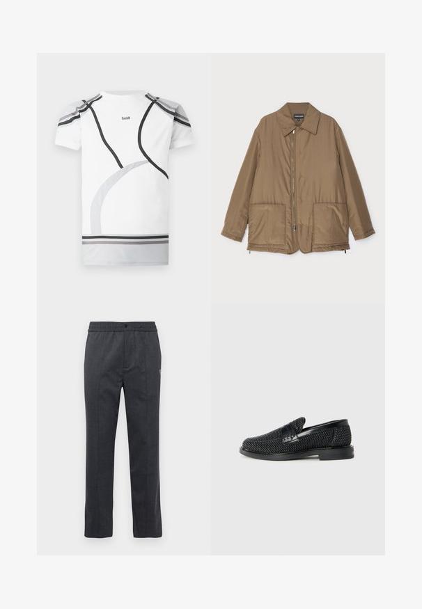 Brun vadderad jacka med krage, framzip, två stora fickor och lätt glans. Enkel design med en avslappnad passform.; Vit sportt-shirt med grå och svarta böjda accenter, nätpaneler på axlarna och en logotyp på baksidan. Designad för en åtsittande look och komfort.; Mörkgrå raka byxor med elastisk midja, framknäppning och subtil broderad detalj på den högra sidan.; Svart vävd slip-on sko med en slät läderdetalj på ovansidan, med rund tådesign och en låg gummisula.