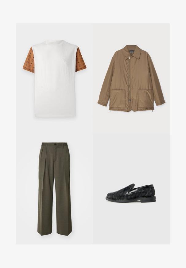 Geacă căptușită, de culoare maro, cu guler, fermoar frontal, două buzunare mari și un luciu subtil. Design simplu, cu o croială lejeră.; Tricou cu mânecă scurtă, cu corp alb și mâneci maro cu model, având un design repetitiv în negru. Logo detaliat pe piept.; Filippa K WIDE TROUSERS - Pantaloni - driftwood; Pantofii negri din material textil, cu accent din piele netedă pe partea superioară, design cu vârf rotund și talpă din cauciuc de profil redus.