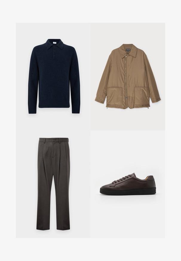 Brown padded jacket with a collared neck, front zip closure, two large pockets, and slight sheen. Simple design with a relaxed fit.; Navy blue long-sleeve knit polo sweater with three buttons and a folded collar, displayed on a white background.; Dark gray trousers made from textured fabric, featuring a flat front, pleats, straight legs, and belt loops. No visible hardware or patterns.; Brown leather sneaker with a smooth texture, round toe, and black rubber sole. Features tonal laces and minimalistic design details.