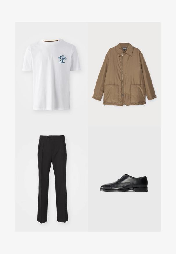 Brown padded jacket with a collared neck, front zip closure, two large pockets, and slight sheen. Simple design with a relaxed fit.; White cotton t-shirt with short sleeves, featuring a blue printed logo on the front. Round neckline with a contrasting inner trim.; Black tailored trousers featuring a straight leg design, two front pockets, and a double-button closure at the waistband. Smooth fabric texture.; Black leather dress shoe with a rounded toe, smooth texture, lace-up design, and a subtle seam detail, featuring a low, flat heel.