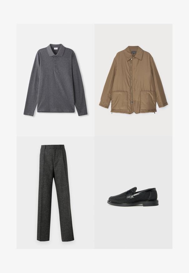 Veste rembourrée marron avec un col, fermeture zippée sur le devant, deux grandes poches et un léger éclat. Design simple avec une coupe décontractée.; Polo à manches longues en coton gris foncé, avec un col classique, une patte de boutonnage à trois boutons et une coupe décontractée. Texture lisse.; Pantalon gris ajusté en tissu texturé, doté de deux plis sur le devant et d'une coupe droite. Pas de poches visibles ni de décorations.; Chaussure slip-on tissée noire avec un accent en cuir lisse sur le dessus, un design à bout rond et une semelle en caoutchouc à profil bas.