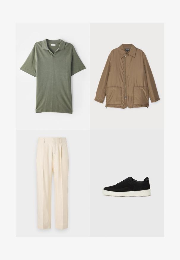 Pruunist voodriga jakk krae ja esitaskutega, ees lukuga kinnitamine ning kerge läikega. Lihtne kujundus ja lõdva istuvusega.; Oliivroheline lühikeste varrukatega polo särk, millel on krae ja tekstuuriga kangas. Omab V-kujulist avamist ja mugavat lõiget.; NN.07 KAY - Püksid - off white; Mustad suede jooksujalatsid, millel on paelad ja kontrastne valge kummitald. Omab tekstuuriga külgpaneele ja tagasihoidlikku brändimist kandadel.