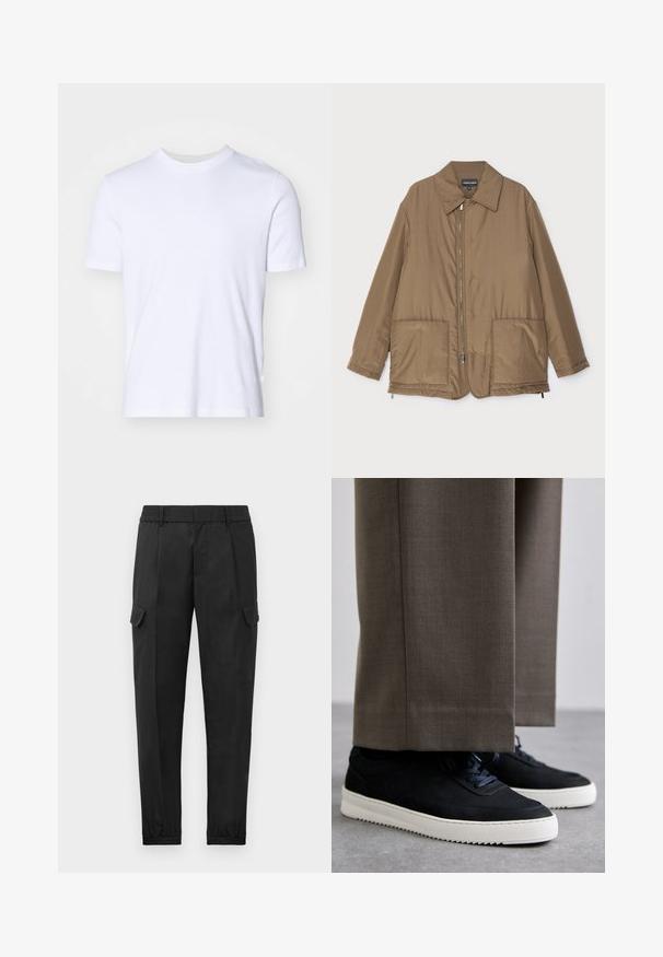 Brun vadderad jacka med krage, framzip, två stora fickor och lätt glans. Enkel design med en avslappnad passform.; Vit bomulls t-shirt med ribbad rund halsringning, korta ärmar och en standardpassform. Slät textur, inga synliga mönster eller detaljer.; Svarta cargobyxor med elastisk midja, avsmalnande ben, sidofickor och en enda cargoficka på vänster lår. Slät textur.; Svarta mockaskor med vita gummi-sulor, med rund tå och snören, bärs tillsammans med grå skräddarsydda byxor.