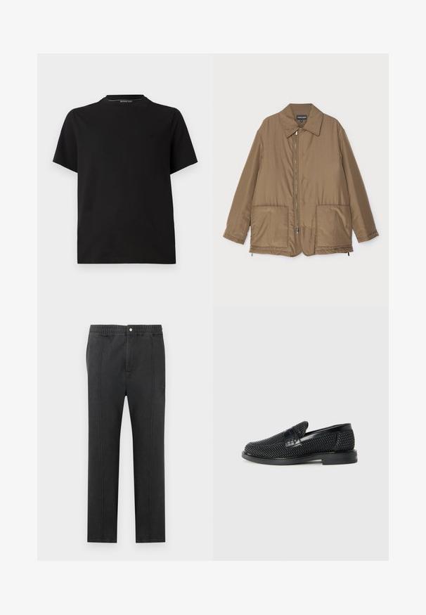 Brūns polsterēts mētelis ar apkakli, priekšpuses rāvējslēdzēja aizdare, divas lielas kabatas un nedaudz spīdīga virsma. Vienkāršs dizains ar brīvu piegriezumu.; Melna kokvilnas T-krekls ar īsām piedurknēm, apaļo kakla izgriezumu un diskrētu izšuvumu uz krūtīm. Gluda tekstūra.; Melnas bikses ar elastīgu jostasvietu, plakanu priekšpusi, divām sānu kabatām un dekoratīvām šuvēm. Nav redzamu rakstu vai aparatūras detaļu.; Melnas austas slaidu kurpes ar gludu ādas akcentu augšpusē, apaļas formas purngalu un zemas profila gumijas zoli.