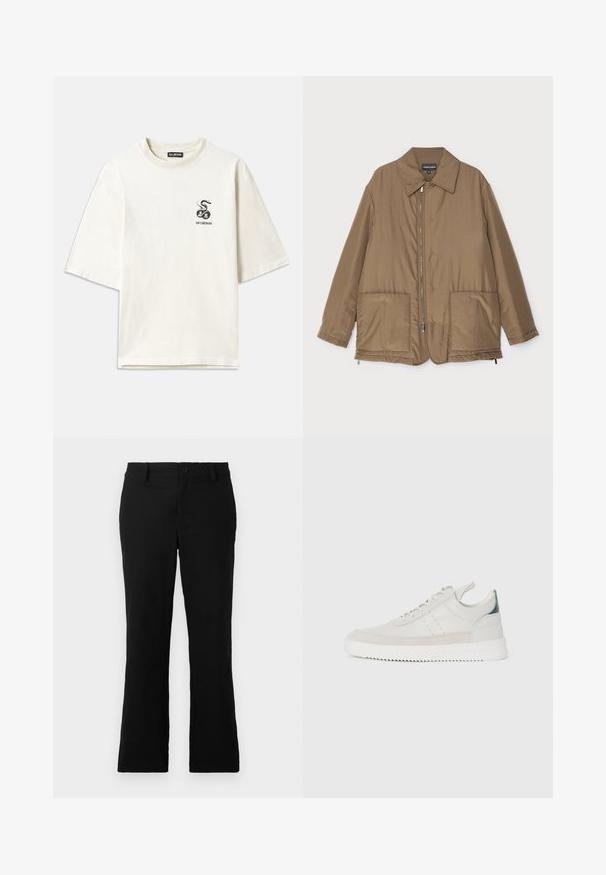 Ruskea pehmustettu takki kauluksella, edessä vetoketjukiinnitys, kaksi suurta taskua ja lievä kiilto. Yksinkertainen muotoilu rentolla istuvuudella.; Yksinkertainen kermaisen värinen oversize T-paita, joka on valmistettu puuvillasta. Tässä paidassa on lyhyet hihat ja vasemmassa rinnassa pieni musta käärmegraafikka.; Mustat levenevät housut, jotka on valmistettu puuvillasekoitekankaasta. Housuissa on nappikiinnitys, vyölenkit ja sileä rakenne ilman näkyviä kuvioita.; Valkoiset nahkakengät, joissa on harmaat mokka yksityiskohdat, nauhoitusmalli, vetotuki ja tekstuurinen kumipohja, jossa on sahalaitakuviota.