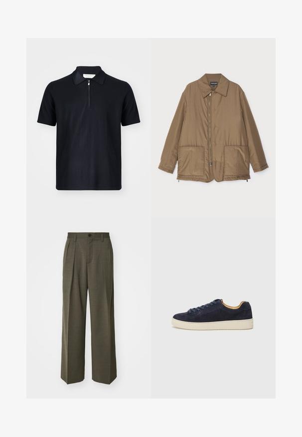 Hnedá prešívaná bunda s golierom, predným zipsom, dvoma veľkými vreckami a jemným leskom. Jednoduchý dizajn s voľným strihom.; Námornícky polokošeľa s krátkym rukávom vyrobená z mäkkej tkaniny, so zipsovým golierom a čistými líniami. Bez viditeľných log a vzorov.; Filippa K WIDE TROUSERS - Nohavice - driftwood; Námornícky semišové nízkopoložené tenisky s okrúhlou špičkou, krémovou gumovou podrážkou a zodpovedajúcimi šnúrkami; majú kontrastnú hnedú vnútornú podšívku.