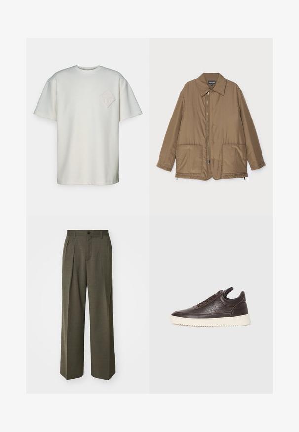 Giacca imbottita marrone con collo, chiusura frontale con zip, due grandi tasche e una leggera lucentezza. Design semplice con vestibilità rilassata.; T-shirt a maniche corte in cotone avorio, con un patch in diamante testurizzato e un design in rilievo sulla parte sinistra del petto.; Filippa K WIDE TROUSERS - Pantaloni - driftwood; Sneaker in pelle texturizzata marrone scuro con lacci davanti e suola in gomma bianca rigata su uno sfondo chiaro semplice.