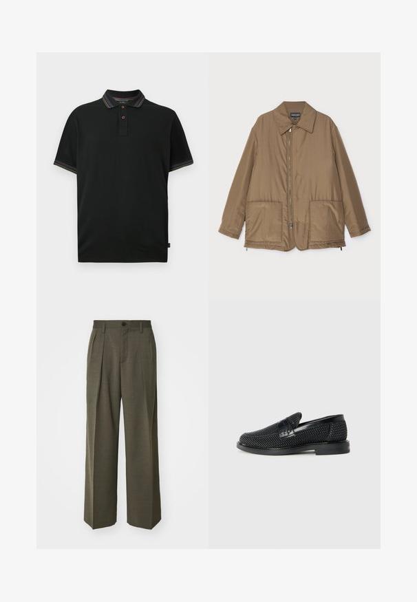 Hnedá prešívaná bunda s golierom, predným zipsom, dvoma veľkými vreckami a jemným leskom. Jednoduchý dizajn s voľným strihom.; Čierne polo tričko s dvojitým gombíkom, s farebnými pruhovanými lemami na golieri a rukávoch, vystavené na bielom pozadí.; Filippa K WIDE TROUSERS - Nohavice - driftwood; Čierne tkané slip-on topánky s hladkým koženým akcentom na vrchnej časti, s okrúlym dizajnom špičky a nízkoprofilovou gumovou podrážkou.