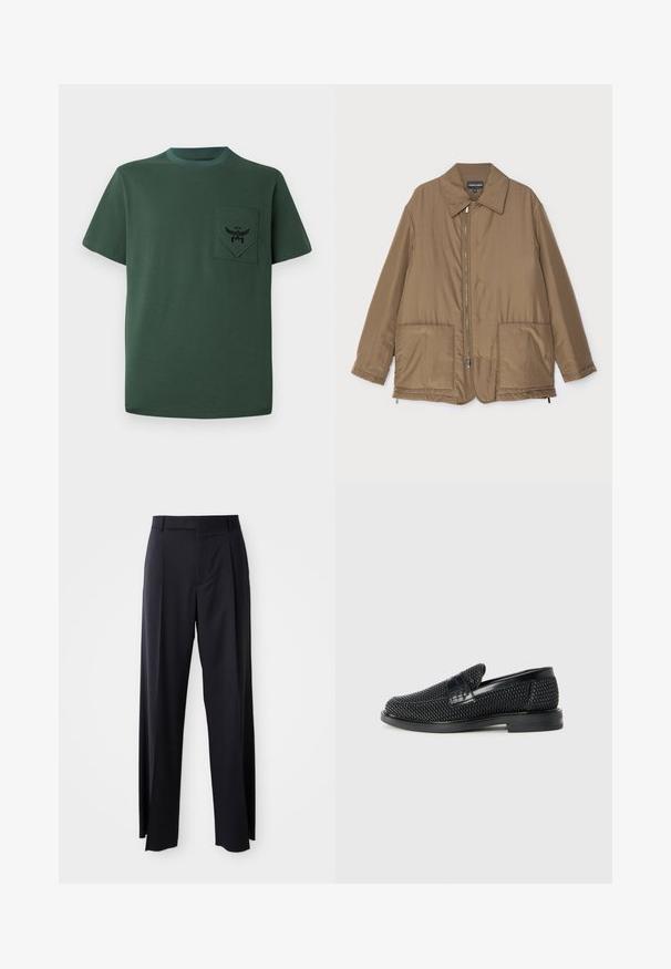 Brown padded jacket with a collared neck, front zip closure, two large pockets, and slight sheen. Simple design with a relaxed fit.; Green short-sleeve t-shirt made of cotton, featuring a pocket with a black embroidered logo and contrasting neckline. Simple design with seamless edges.; Black, high-waisted trousers with a wide-leg cut, made of smooth fabric. Features front pleats and belt loops. Minimalistic design, no visible hardware.; Black woven slip-on shoe with a smooth leather accent on the upper, a round toe design, and a low-profile rubber sole.