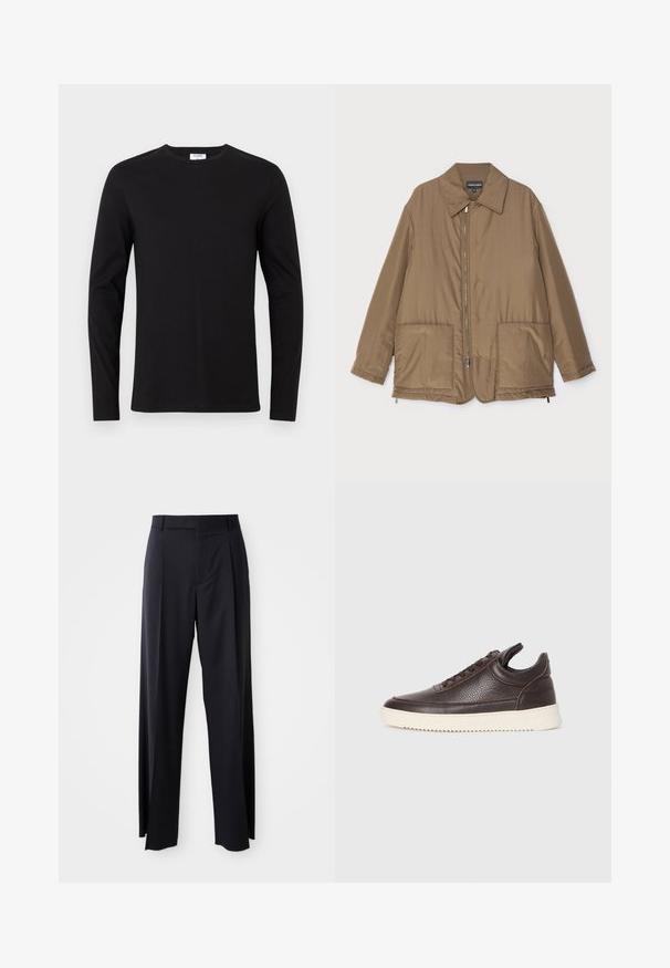 Veste rembourrée marron avec un col, fermeture zippée sur le devant, deux grandes poches et un léger éclat. Design simple avec une coupe décontractée.; T-shirt noir à manches longues en coton, doté d'un col rond et d'un design simple sans motifs ni ornements visibles.; Pantalon noir taille haute à pattes larges, en tissu lisse. Présente des plis sur le devant et des passants de ceinture. Design minimaliste, sans matériel visible.; Baskets en cuir texturé brun foncé avec un dessus à lacets et une semelle en caoutchouc blanc striée sur un fond clair et uni.